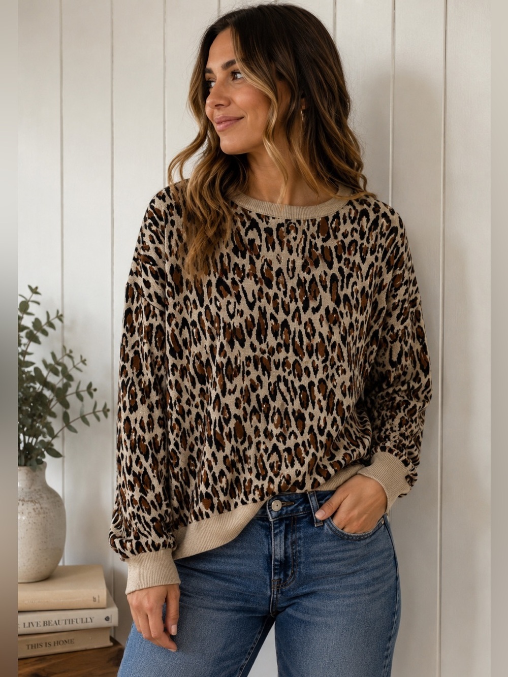H&M Leopard Print Sweater Crewneck Gold Back Zipper Animal Print Knit Pullover M